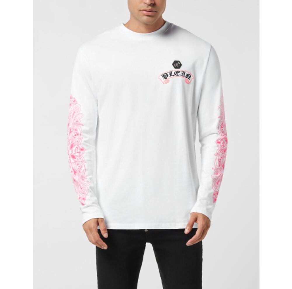 Philipp Plein Men's White Fuxiafluo Chrome Crest  Long Sleeve T-Shirt Size L